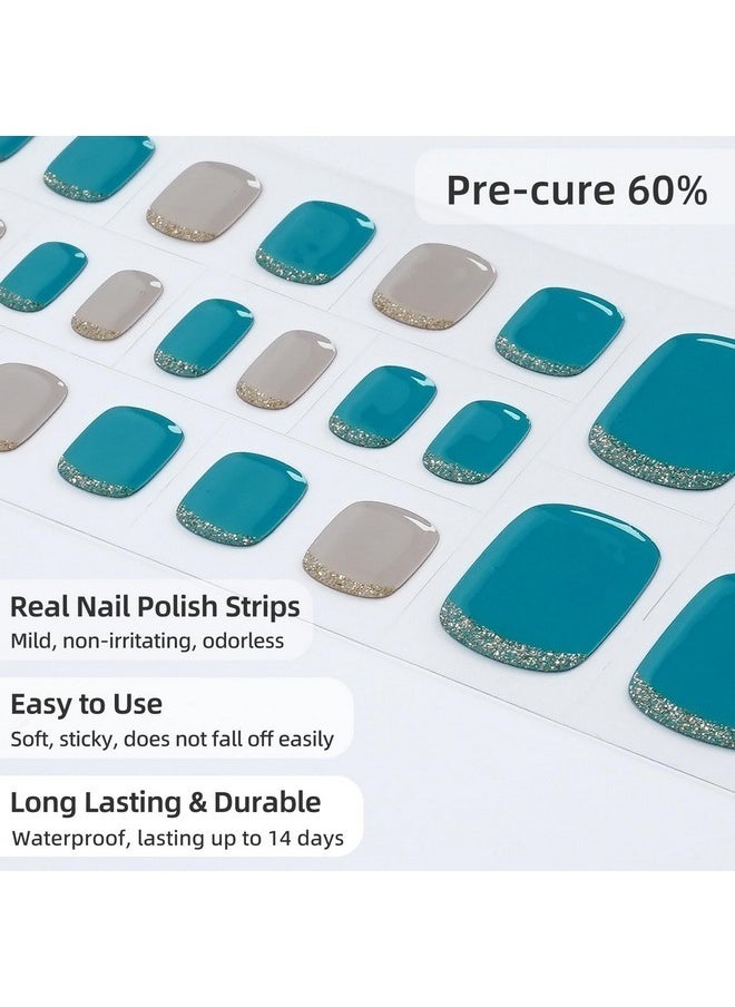 Semi Cured Toenail Gel Strips, 26 Pcs Gel Toenail Stickers For Any Uv Lamps(Not Included), Gel Pedicure Strips For Women, Long Lasting Gel Nail Wraps(Ocean Green French)