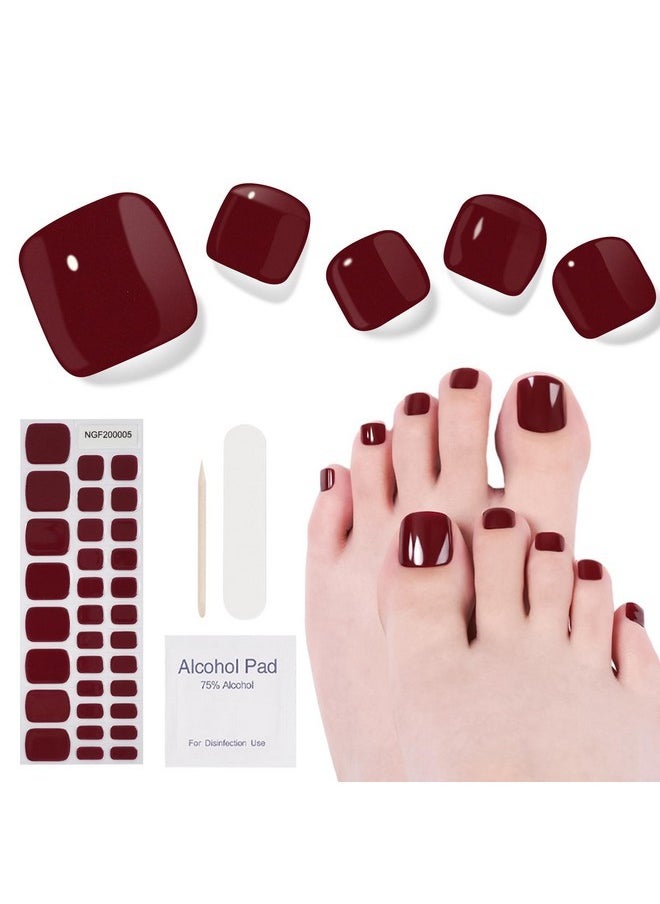 Semi Cured Gel Pedicure Strips, 32 Solid Color Gel Toenail Stickers Full Nail Wraps For Women Girls Kids, Includes Prep Pads, Nail File & Wood Stick (Red Wine)