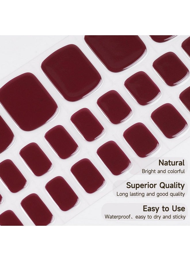 Semi Cured Gel Pedicure Strips, 32 Solid Color Gel Toenail Stickers Full Nail Wraps For Women Girls Kids, Includes Prep Pads, Nail File & Wood Stick (Red Wine)