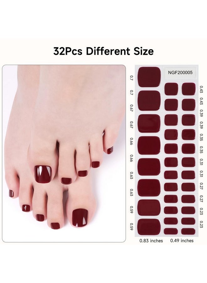 Semi Cured Gel Pedicure Strips, 32 Solid Color Gel Toenail Stickers Full Nail Wraps For Women Girls Kids, Includes Prep Pads, Nail File & Wood Stick (Red Wine)