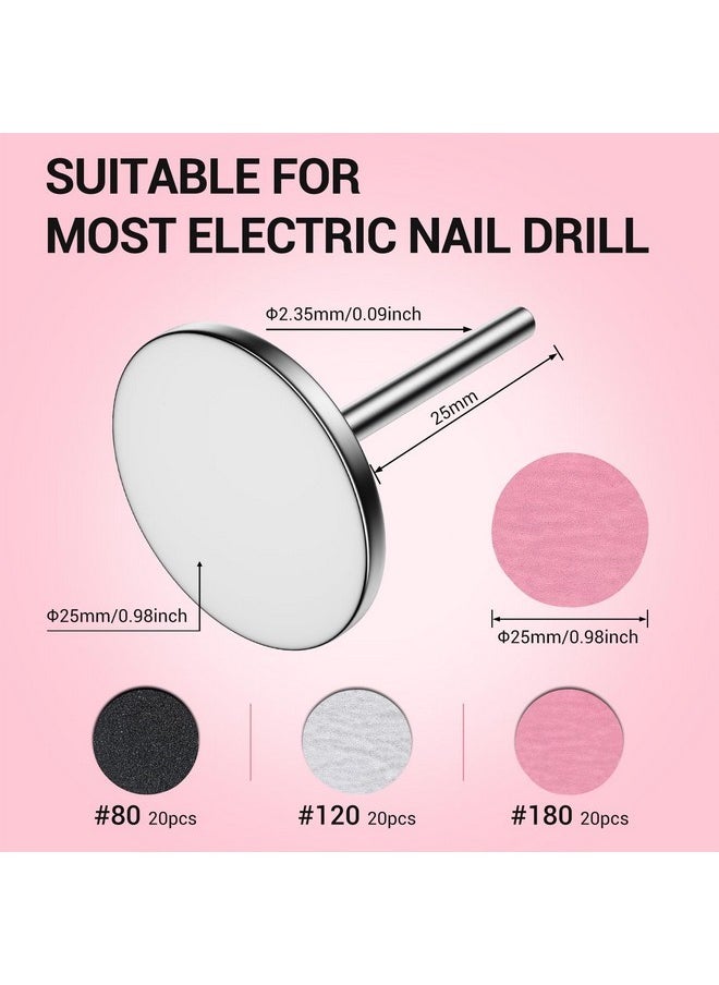 60 Pcs Replacement Sandpaper Discs With 25Mm Metal Nail Drill Bit, 80 Coarse 120 Medium 180 Fine Grit For Electric Foot File Callus Remover Tool Or Polishing Craft