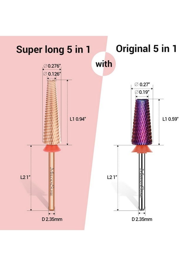 Super Long 5 In 1 Nail Drill Bits, 3/32'' Carbide Tungsten Bits, Suitable For Manicure Pedicure Cuticle Gel Polishing, Professional Advanced Bits, Rose Gold, Series Bit-X, Medium