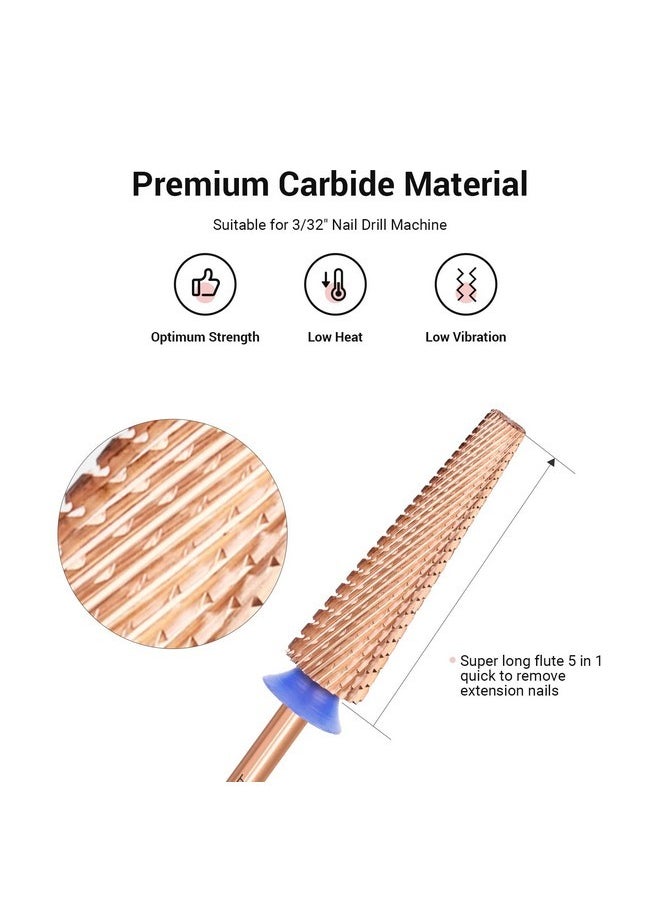 Super Long 5 In 1 Nail Drill Bits, 3/32'' Carbide Tungsten Bits, Suitable For Manicure Pedicure Cuticle Gel Polishing, Professional Advanced Bits, Rose Gold, Series Bit-X, Medium