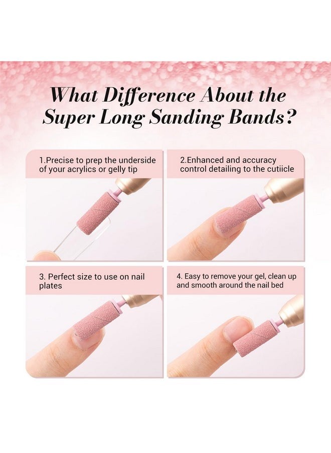 50 Pcs Nail Drill Bits Super Long Sanding Bands With 6.65Mm Crystal Mandrel Bit, 180 Fine Grit Nail File For Acrylic Nails Gel Manicures And Pedicure, Pink