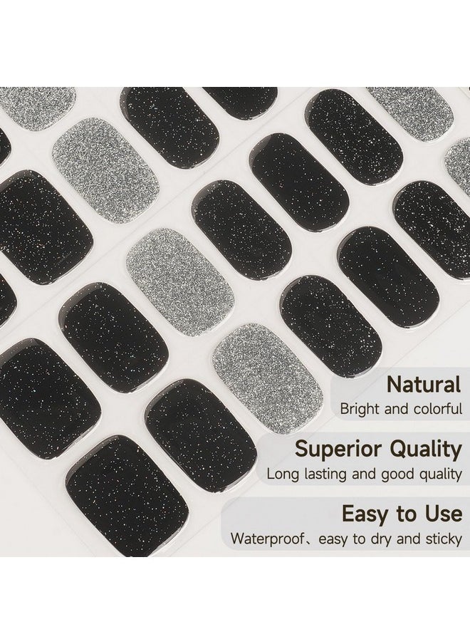 Semi Cured Gel Nail Strips, 28Pcs Black Glitter Gel Nail Strips Need Uv Light, Long Lasting Gel Nail Stickers Full Nail Wrap For Women Girls Kids Diy, Includes Prep Pads, Nail File&Wood Stick