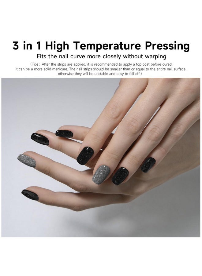 Semi Cured Gel Nail Strips, 28Pcs Black Glitter Gel Nail Strips Need Uv Light, Long Lasting Gel Nail Stickers Full Nail Wrap For Women Girls Kids Diy, Includes Prep Pads, Nail File&Wood Stick