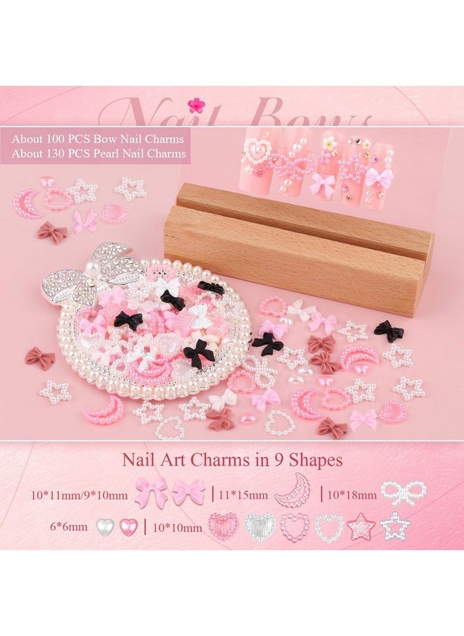 Chunky Nail Charms And Gems Set 1, Girly Coquette Nail Charms + Assorted Pearl Bows Heart Star Moon + Cute 3D Flowers For Nails + Pink & White Flatback Pearls With Pickup Tool For Kawaii Nail Design