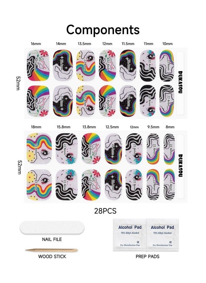 Semi Cured Gel Nail Strips, 28 Pcs Uv Gel Nail Stickers, Long Lasting Gel Nail Strips, Salon Quality Gel Nail Wraps For Home, Includes Prep Pads, Nail File & Wood Stick(Rainbow Graffiti)