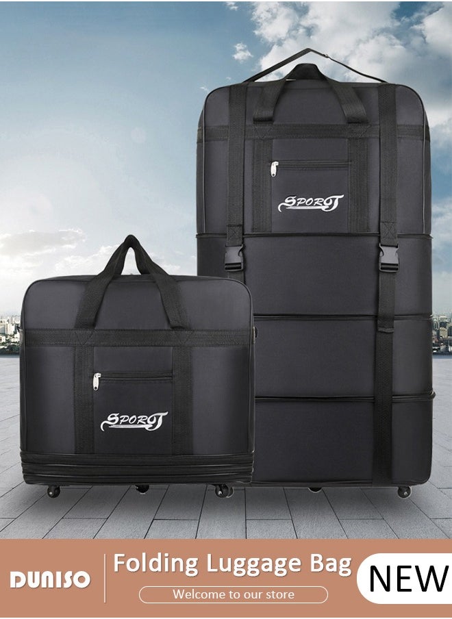 Expandable Foldable Luggage Bag, Collapsible Suitcase with Combination Lock, Rolling Duffel Bag with 2 Straps, Carry On Luggage Bag with Spinner Wheels, Waterproof Oxford Multifunction Travel Bag with Shoulder Straps for Men Women