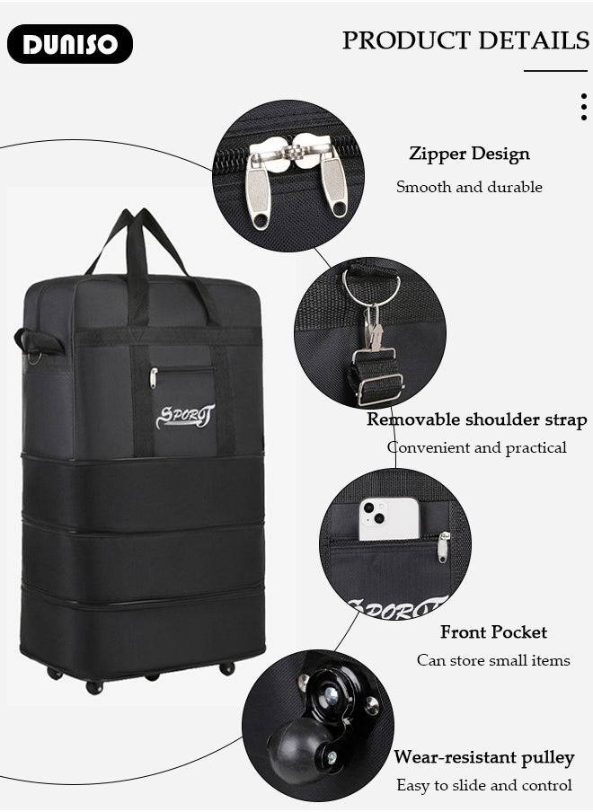 Expandable Foldable Luggage Bag, Collapsible Suitcase with Combination Lock, Rolling Duffel Bag with 2 Straps, Carry On Luggage Bag with Spinner Wheels, Waterproof Oxford Multifunction Travel Bag with Shoulder Straps for Men Women