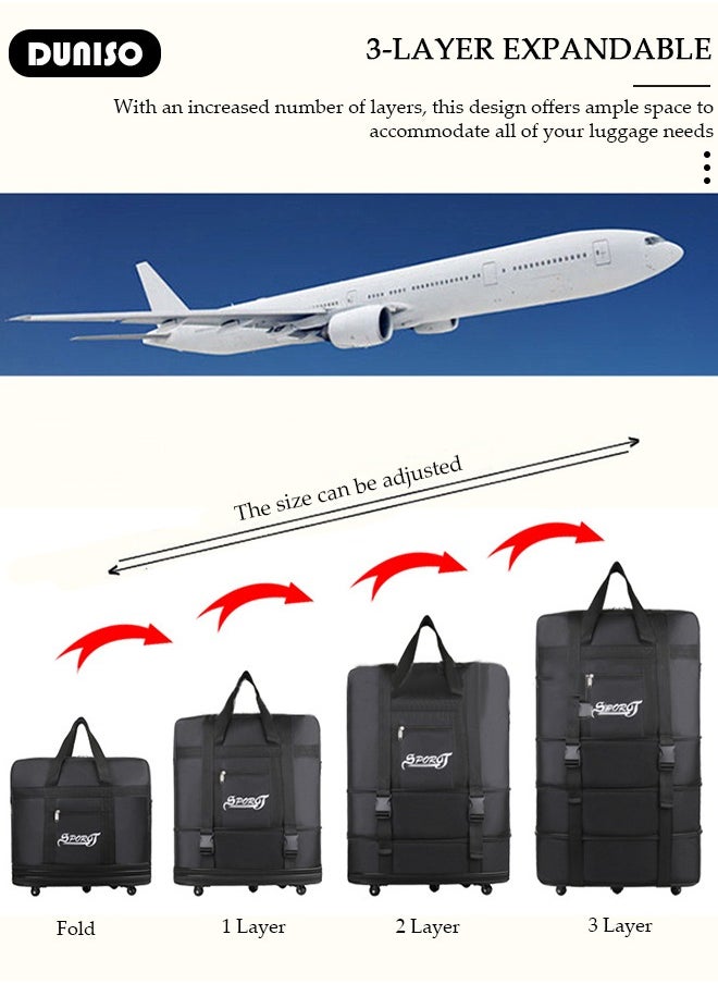 Expandable Foldable Luggage Bag, Collapsible Suitcase with Combination Lock, Rolling Duffel Bag with 2 Straps, Carry On Luggage Bag with Spinner Wheels, Waterproof Oxford Multifunction Travel Bag with Shoulder Straps for Men Women