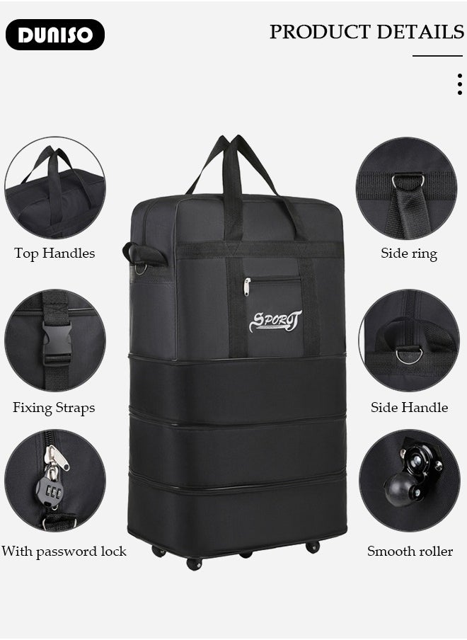 Expandable Foldable Luggage Bag, Collapsible Suitcase with Combination Lock, Rolling Duffel Bag with 2 Straps, Carry On Luggage Bag with Spinner Wheels, Waterproof Oxford Multifunction Travel Bag with Shoulder Straps for Men Women