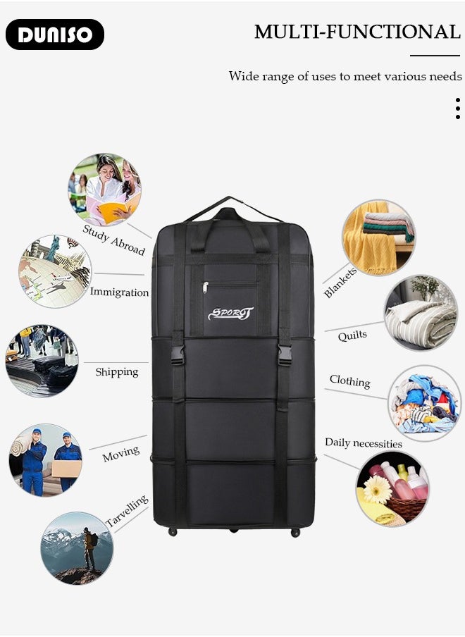 Expandable Foldable Luggage Bag, Collapsible Suitcase with Combination Lock, Rolling Duffel Bag with 2 Straps, Carry On Luggage Bag with Spinner Wheels, Waterproof Oxford Multifunction Travel Bag with Shoulder Straps for Men Women