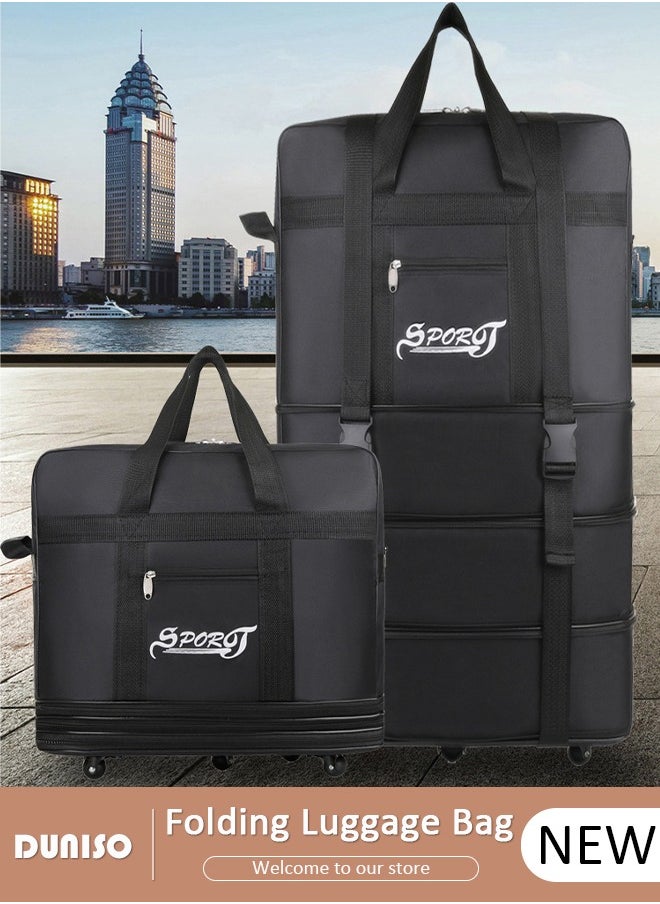 Expandable Foldable Luggage Bag, Collapsible Suitcase with Combination Lock, Rolling Duffel Bag with 2 Straps, Carry On Luggage Bag with Spinner Wheels, Waterproof Oxford Multifunction Travel Bag with Shoulder Straps for Men Women