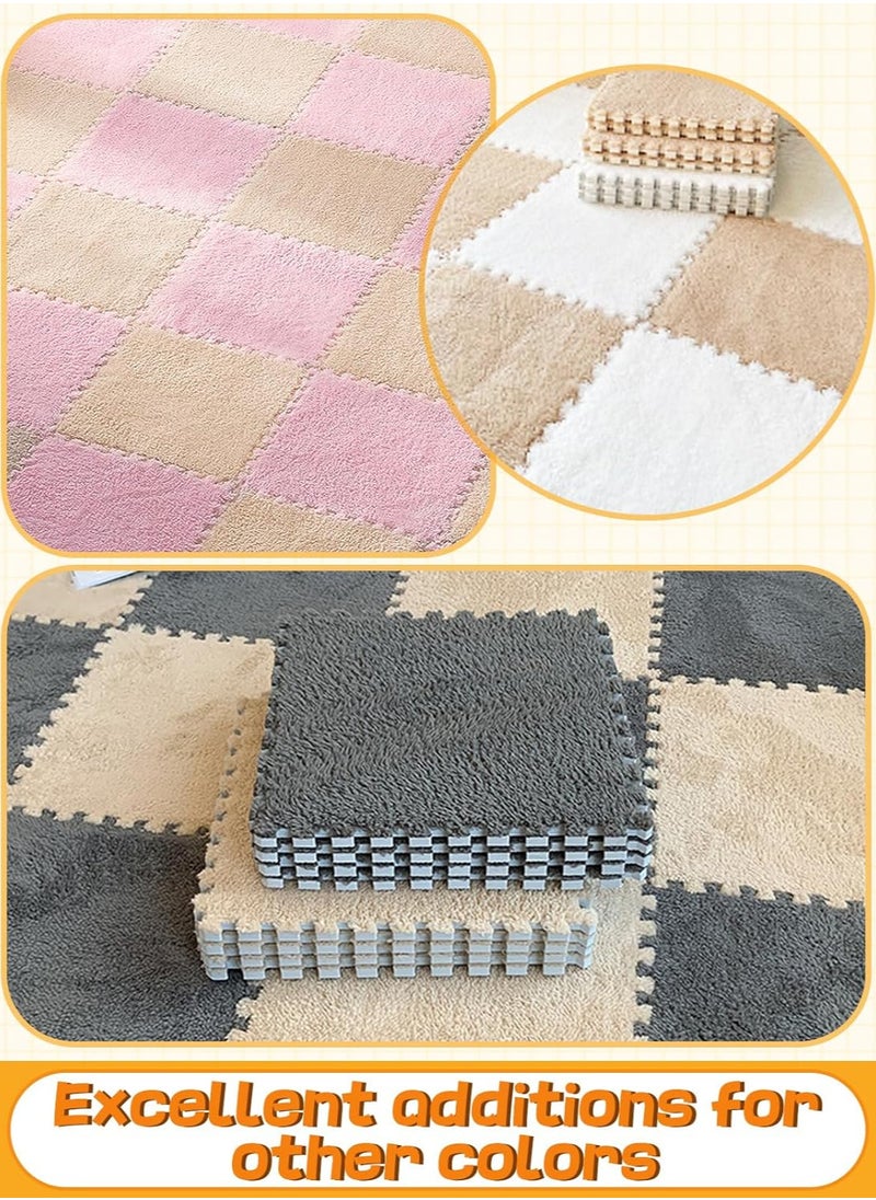 12 pcs Thickened Plush Foam Interlocking Floor Mats, Interlocking Foam Tiles with Edgings for Kids, Soft Anti-Slip Puzzle Area Square Rug Playmat for Children Room Flat (10