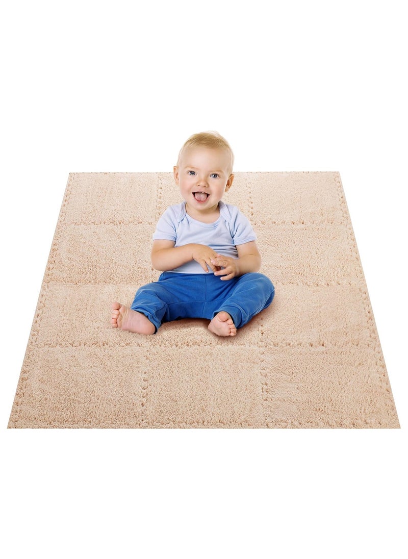 12 pcs Thickened Plush Foam Interlocking Floor Mats, Interlocking Foam Tiles with Edgings for Kids, Soft Anti-Slip Puzzle Area Square Rug Playmat for Children Room Flat (10