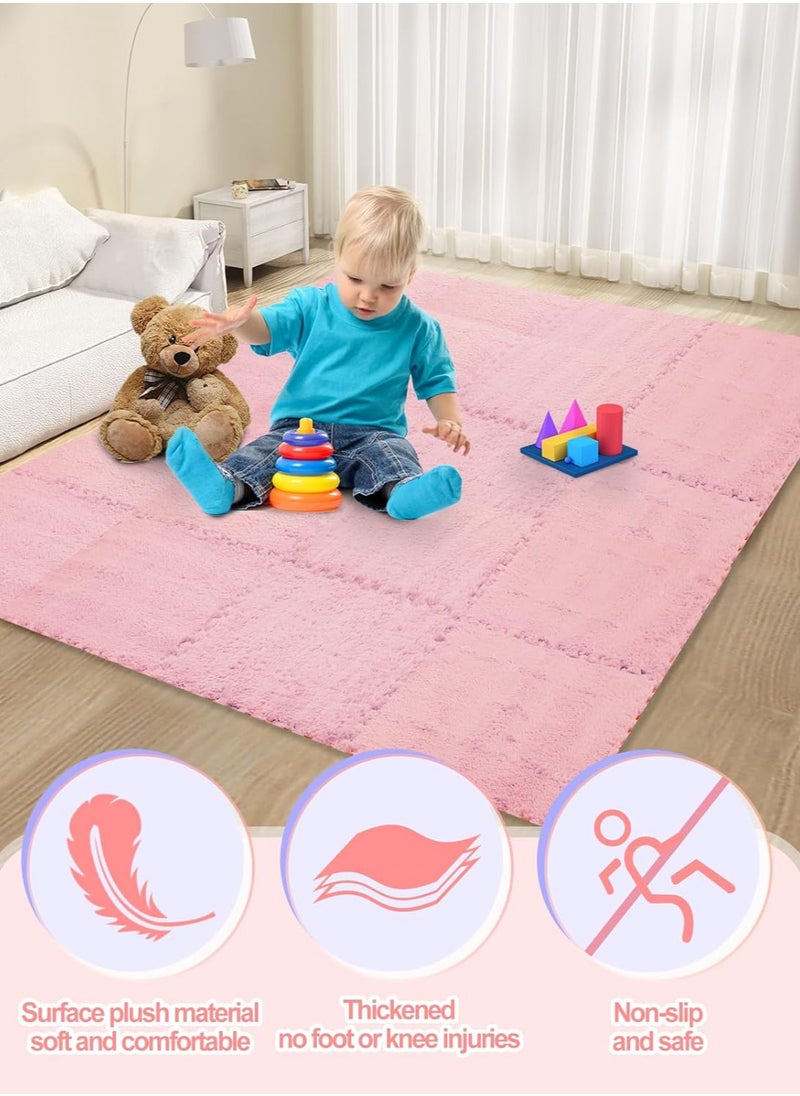 12 pcs Thickened Plush Foam Interlocking Floor Mats, Interlocking Foam Tiles with Edgings for Kids, Soft Anti-Slip Puzzle Area Square Rug Playmat for Children Room Flat (10