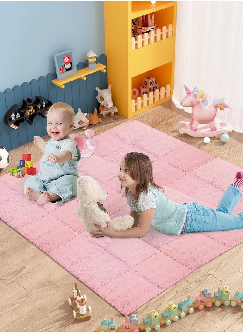 12 pcs Thickened Plush Foam Interlocking Floor Mats, Interlocking Foam Tiles with Edgings for Kids, Soft Anti-Slip Puzzle Area Square Rug Playmat for Children Room Flat (10