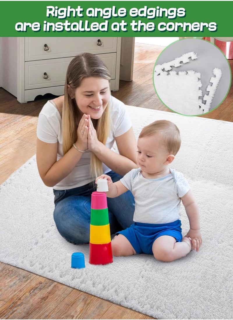 12 pcs Thickened Plush Foam Interlocking Floor Mats, Interlocking Foam Tiles with Edgings for Kids, Soft Anti-Slip Puzzle Area Square Rug Playmat for Children Room Flat (10