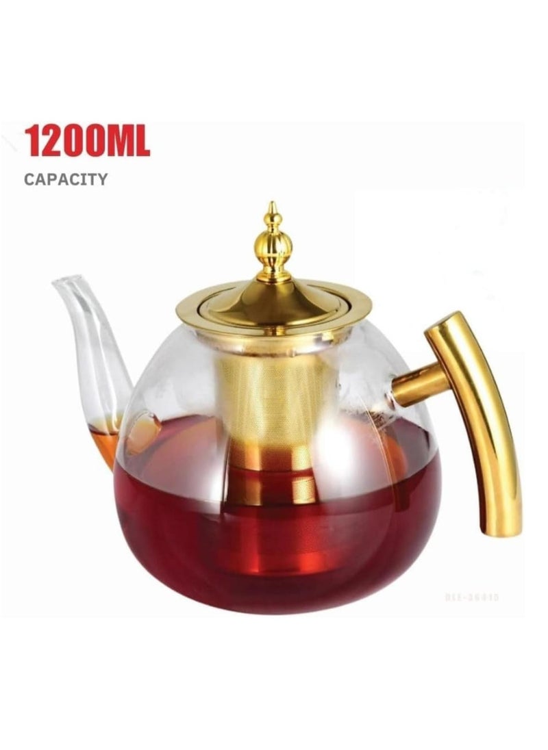 Traditional Arabic Glass Tea Pot with Steel Handle Stovetop with Removable Infuser 1200ML– Elegant Heat-Resistant Borosilicate Glass Kettle for Tea & Coffee, Ideal for Gifting, Home, and Office Use – Classic Middle Eastern Design