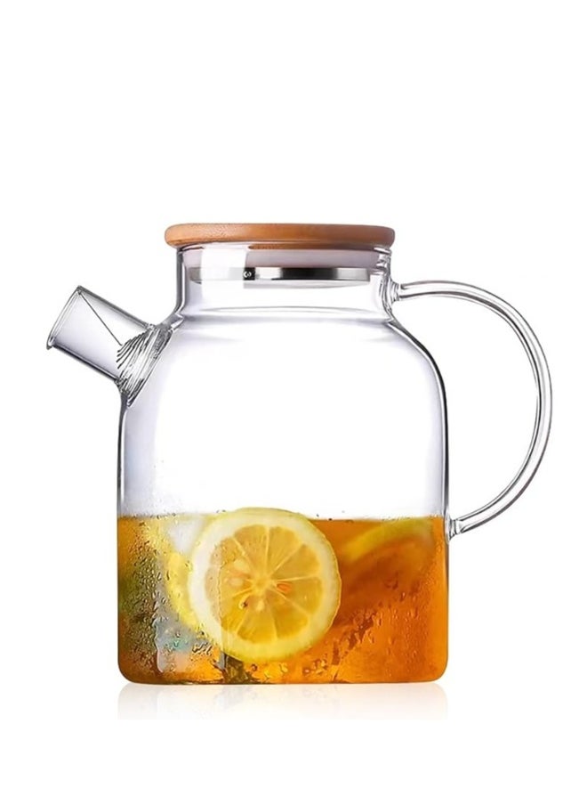 Glass Pitcher with Bamboo Lid, Glass Teapot Stovetop & Microwave Safe, Glass Borosilicate Teapot with Removable Filter Spout