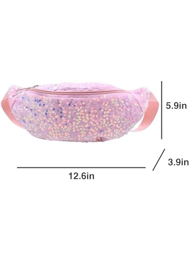 Women Girls Waist Bag Fanny Pack Shiny Sequin Waist Pouch Chest Crossbody Belt Bags Adjustable for Sports Daily,Pink A#