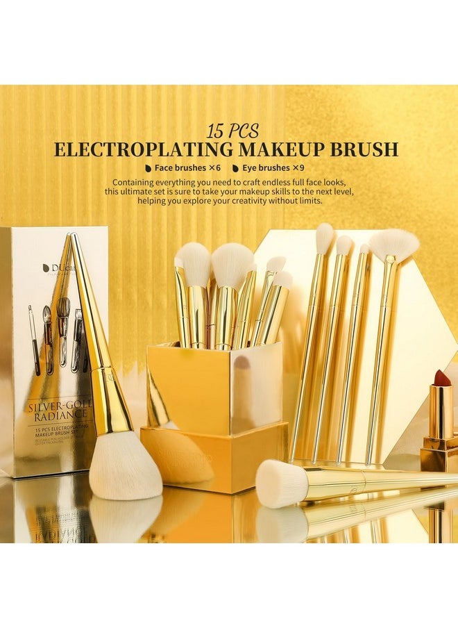 Makeup Brushes 15Pcs Makeup Brush Set With Holder Premium Synthetic Powder Foundation Contour Blush Concealer Eye Shadow Blending Liner Make Up Brush Kit Gold-Silver