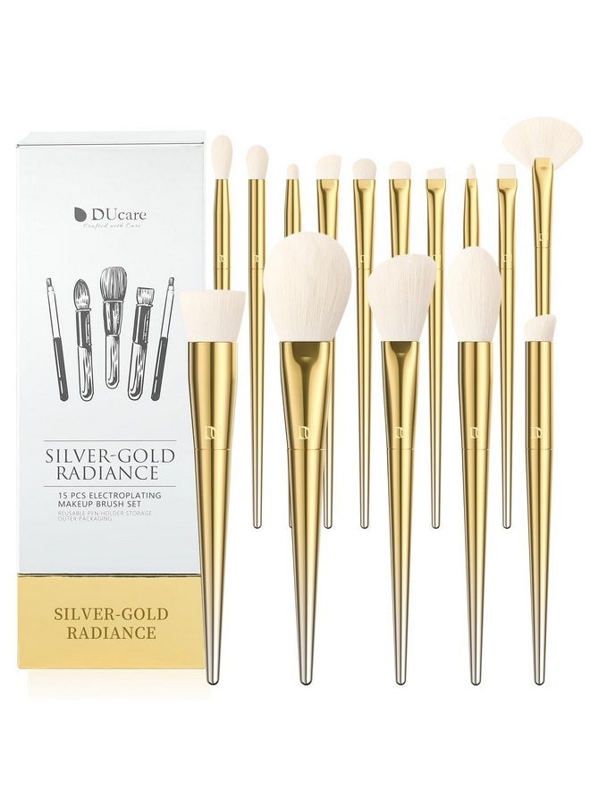 Makeup Brushes 15Pcs Makeup Brush Set With Holder Premium Synthetic Powder Foundation Contour Blush Concealer Eye Shadow Blending Liner Make Up Brush Kit Gold-Silver