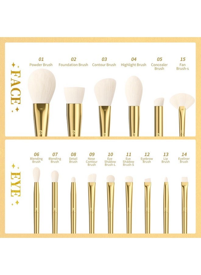 Makeup Brushes 15Pcs Makeup Brush Set With Holder Premium Synthetic Powder Foundation Contour Blush Concealer Eye Shadow Blending Liner Make Up Brush Kit Gold-Silver