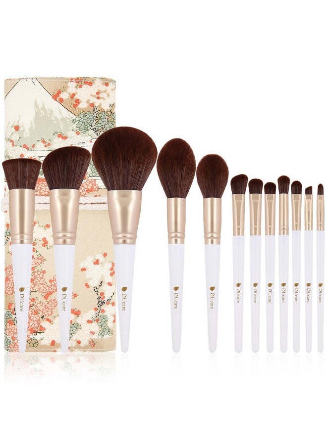 Makeup Brushes With Case 12Pcs Makeup Brush Set Premium Synthetic Foundation Powder Concealers Blending Eye Shadows Face Make Up Brushes (White Gold)