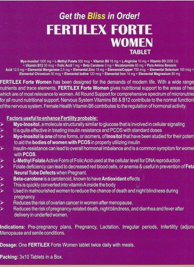 FERTILEX FORTE WOMEN TABLET-MYO INOSITOL,L-ARGININE,FOLIC ACID,VITAMIN B12,B6,SELENIUM WITH MACRONUTRIENTS,30 TABLETS