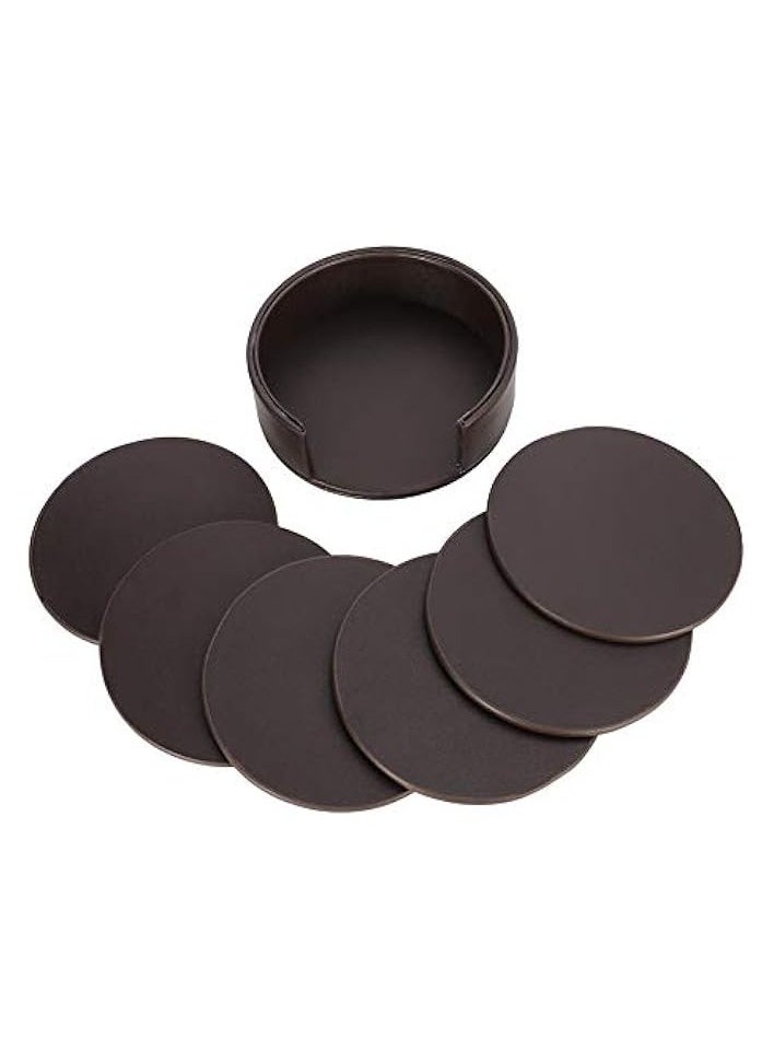 Drink Coasters Set of 6 Brown PU Leather Coasters with Holder Round Mug Coaster Mats for Coffee Beer Tea Mug Wine Pub Home Kitchen Use Housewarming Gifts