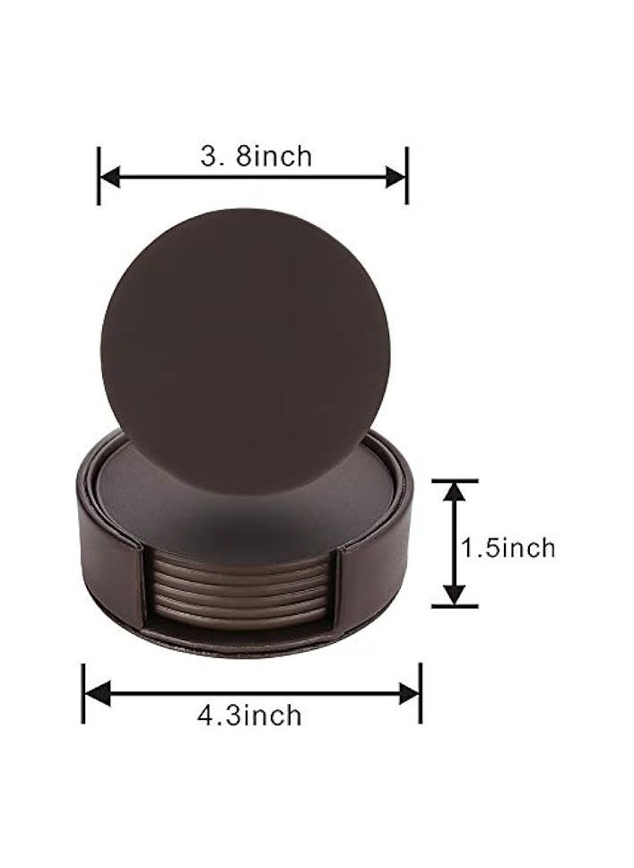 Drink Coasters Set of 6 Brown PU Leather Coasters with Holder Round Mug Coaster Mats for Coffee Beer Tea Mug Wine Pub Home Kitchen Use Housewarming Gifts