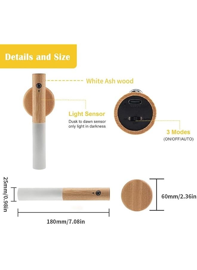 Motion Sensor Night Lights with Magnet Body Sensor for Hallway, Rechargeable Led Light Portable Stairway Lights Wooden Wall Sconce Battery Powered(White Ash, 2PC)