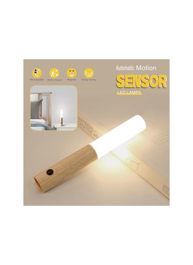 Motion Sensor Night Lights with Magnet Body Sensor for Hallway, Rechargeable Led Light Portable Stairway Lights Wooden Wall Sconce Battery Powered(White Ash, 2PC)