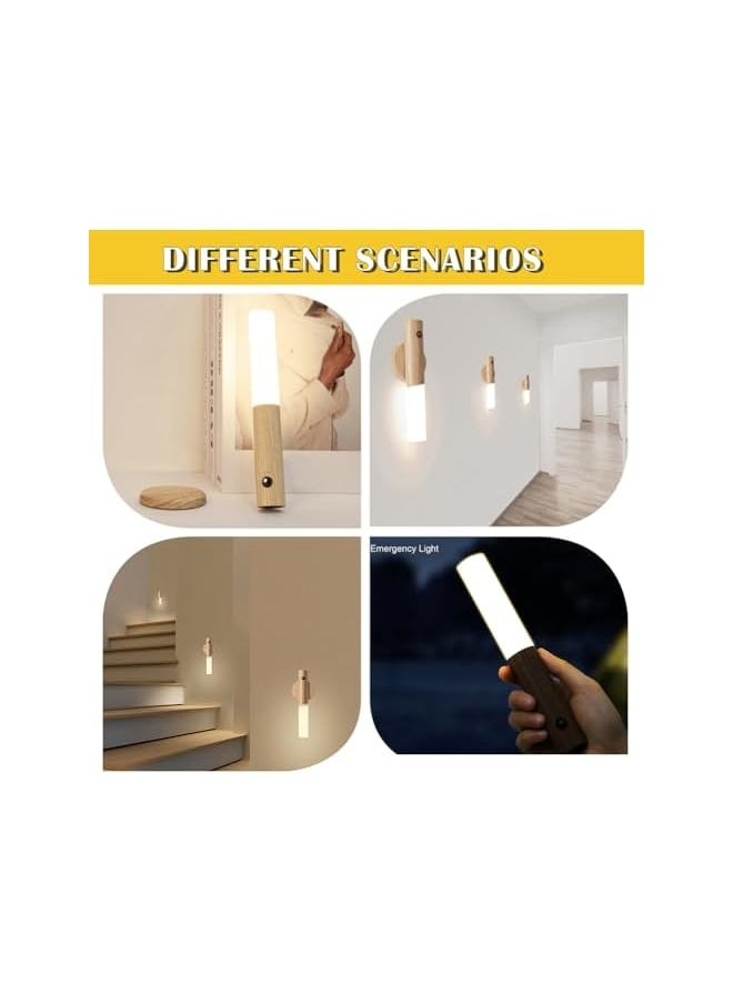 Motion Sensor Night Lights with Magnet Body Sensor for Hallway, Rechargeable Led Light Portable Stairway Lights Wooden Wall Sconce Battery Powered(White Ash, 2PC)