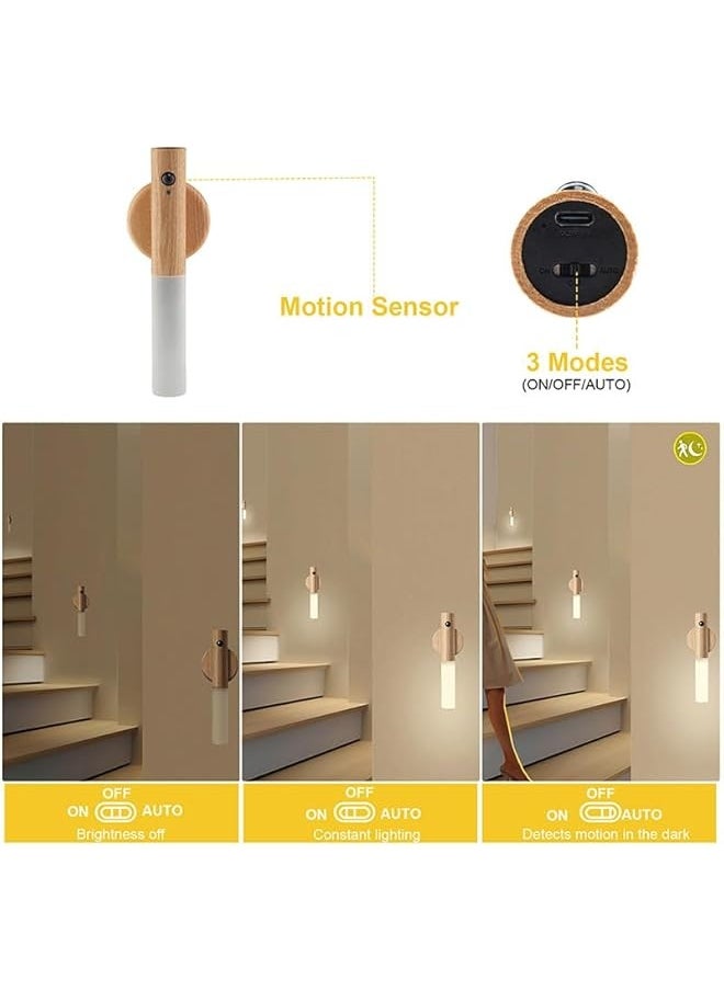 Motion Sensor Night Lights with Magnet Body Sensor for Hallway, Rechargeable Led Light Portable Stairway Lights Wooden Wall Sconce Battery Powered(White Ash, 2PC)