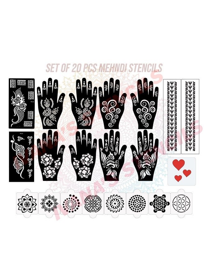 Set Of 20 Pcs Combo Pack, Reusable Henna Stickers For Hands Latest Mehandi Design Stencils For Girls, Women, Kids & Teen, D-2369