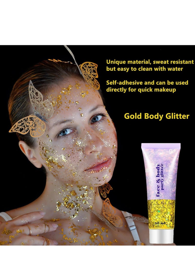 Go Ho Gold Face Body Glitter,Mardi Gras Glitter Makeup Gold Face Paint,Holographic Chunky Sequins Glitters for Eye Lip Hair Nails,Festival Glitter Rave Accessories,02 Gold Glitter