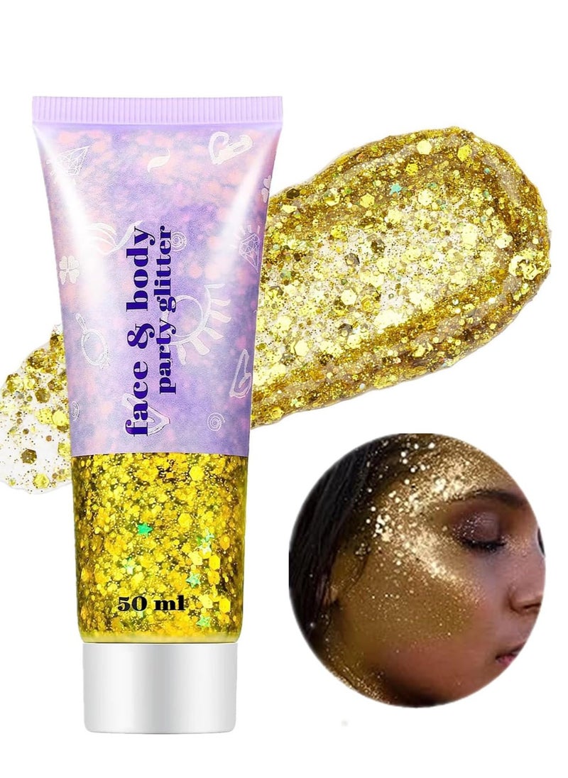 Go Ho Gold Face Body Glitter,Mardi Gras Glitter Makeup Gold Face Paint,Holographic Chunky Sequins Glitters for Eye Lip Hair Nails,Festival Glitter Rave Accessories,02 Gold Glitter