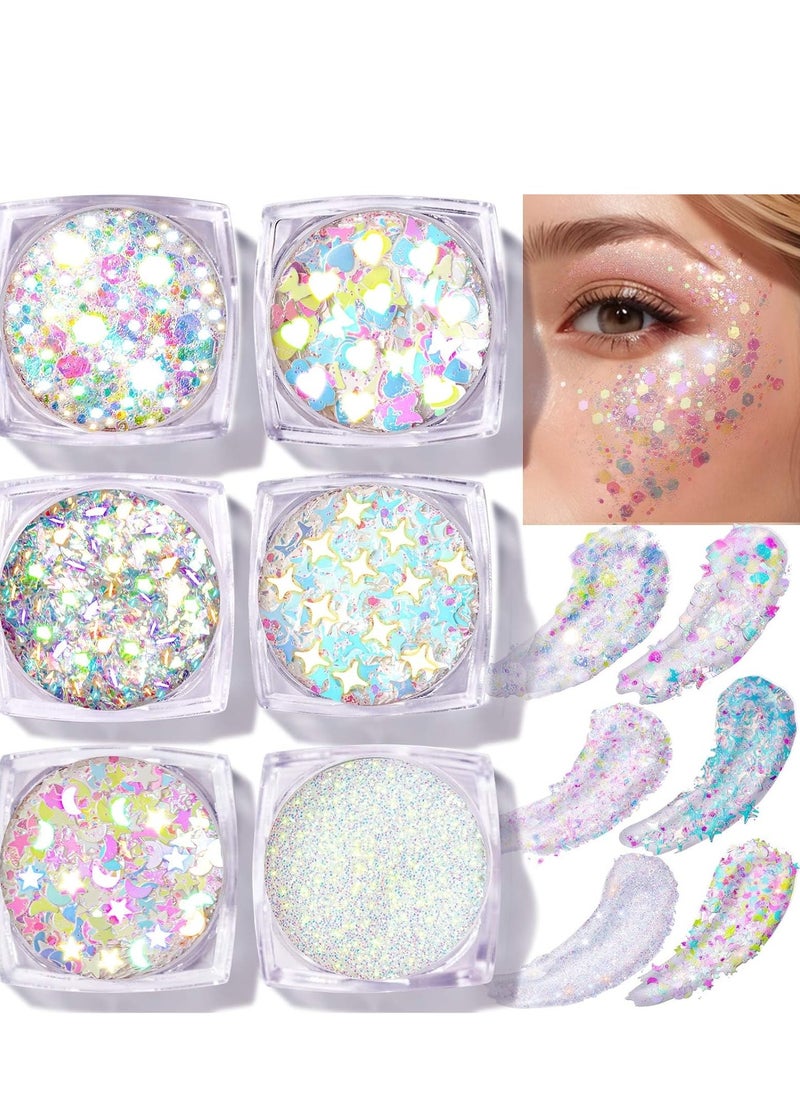 Teenitor Face Glitter Body Glitter, Clear White Body Glitter Gel, Hair Glitter Gel, 6 Shapes Rave Glitter, Mermaid Sequins Makeup Glitters Face Paint, Chunky Sparkling Glitter Gel for Women