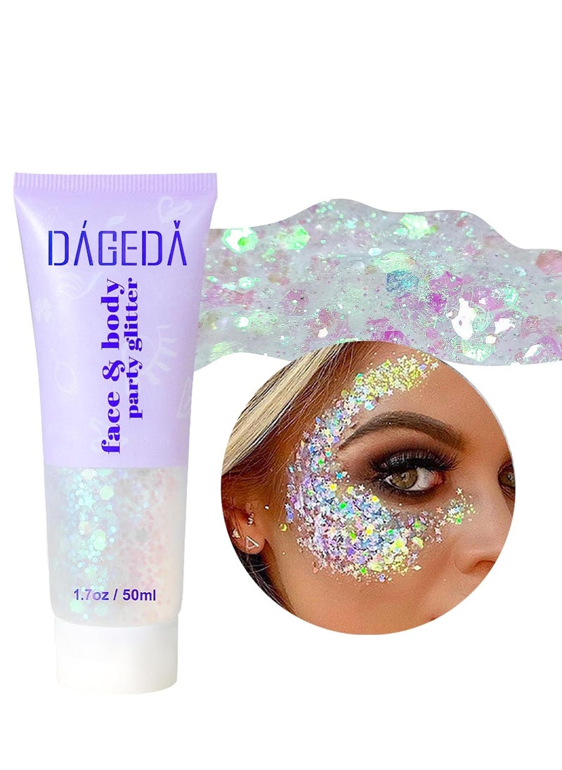 DAGEDA Body Glitter Gel, Face Glitter Body Gel Sequins Shimmer Liquid Eyeshadow, Chunky Glitter for Face Hair Nails, Holographic Cosmetic Laser Powder Festival Glitter Makeup 50ml(White)