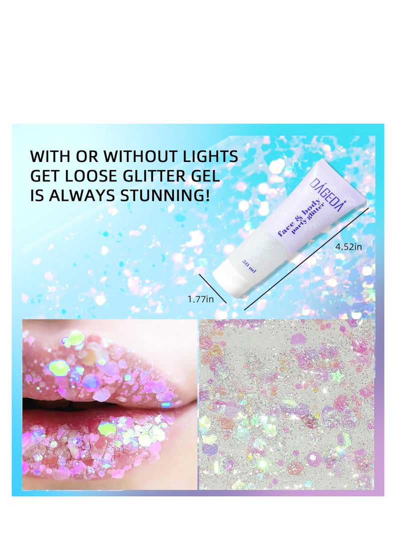 DAGEDA Body Glitter Gel, Face Glitter Body Gel Sequins Shimmer Liquid Eyeshadow, Chunky Glitter for Face Hair Nails, Holographic Cosmetic Laser Powder Festival Glitter Makeup 50ml(White)
