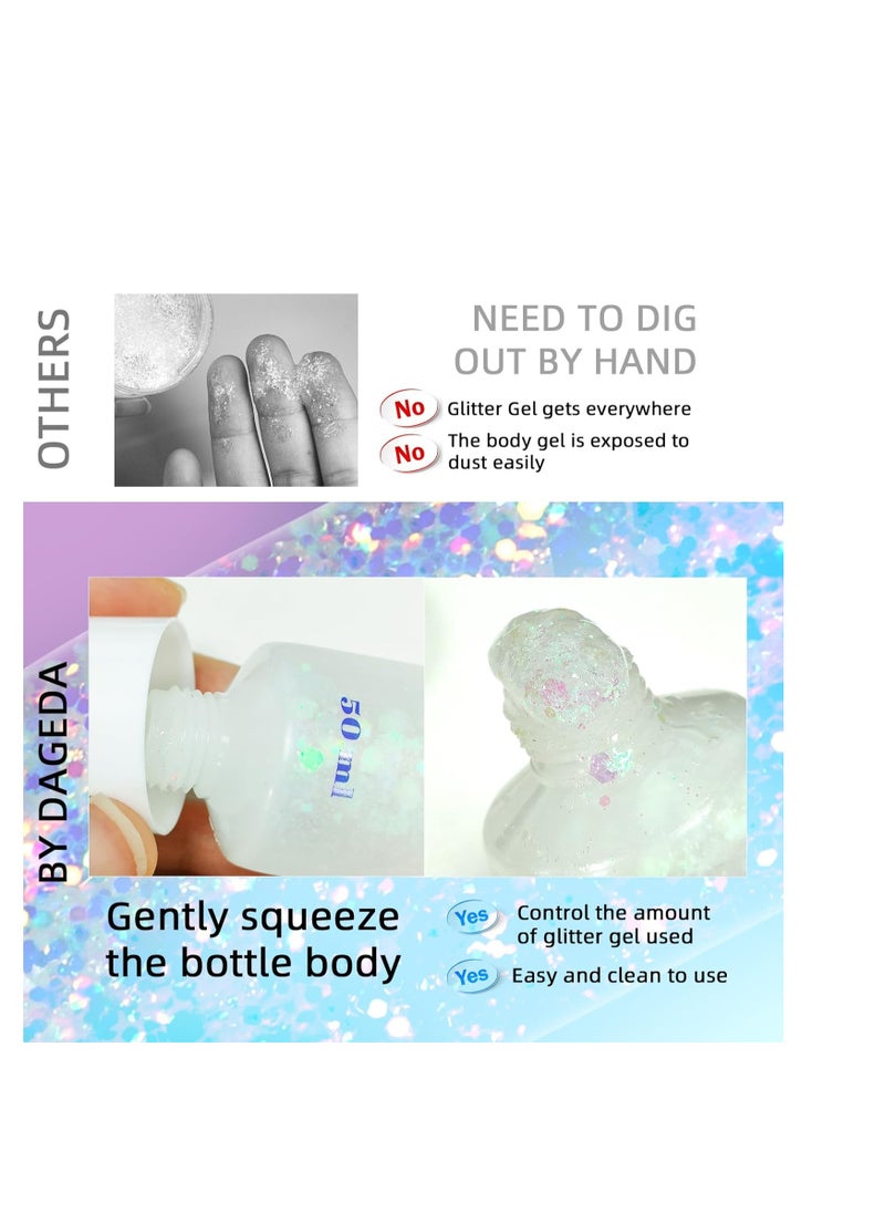 DAGEDA Body Glitter Gel, Face Glitter Body Gel Sequins Shimmer Liquid Eyeshadow, Chunky Glitter for Face Hair Nails, Holographic Cosmetic Laser Powder Festival Glitter Makeup 50ml(White)