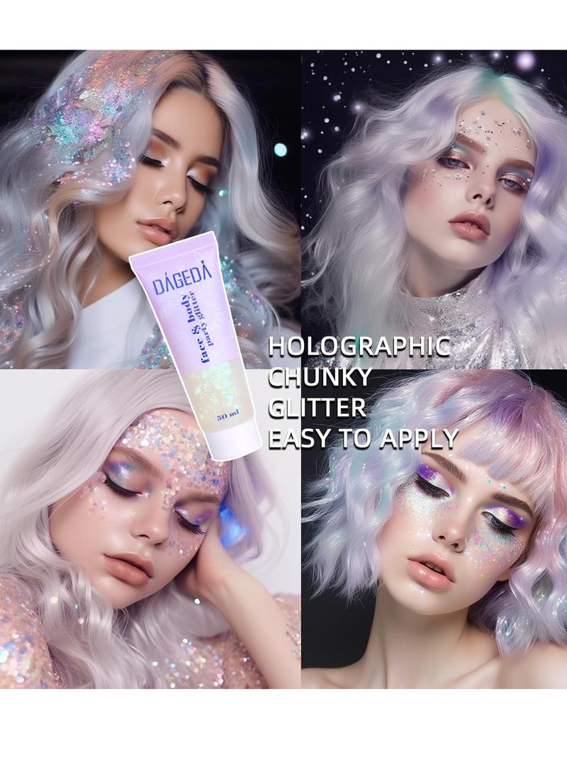 DAGEDA Body Glitter Gel, Face Glitter Body Gel Sequins Shimmer Liquid Eyeshadow, Chunky Glitter for Face Hair Nails, Holographic Cosmetic Laser Powder Festival Glitter Makeup 50ml(White)