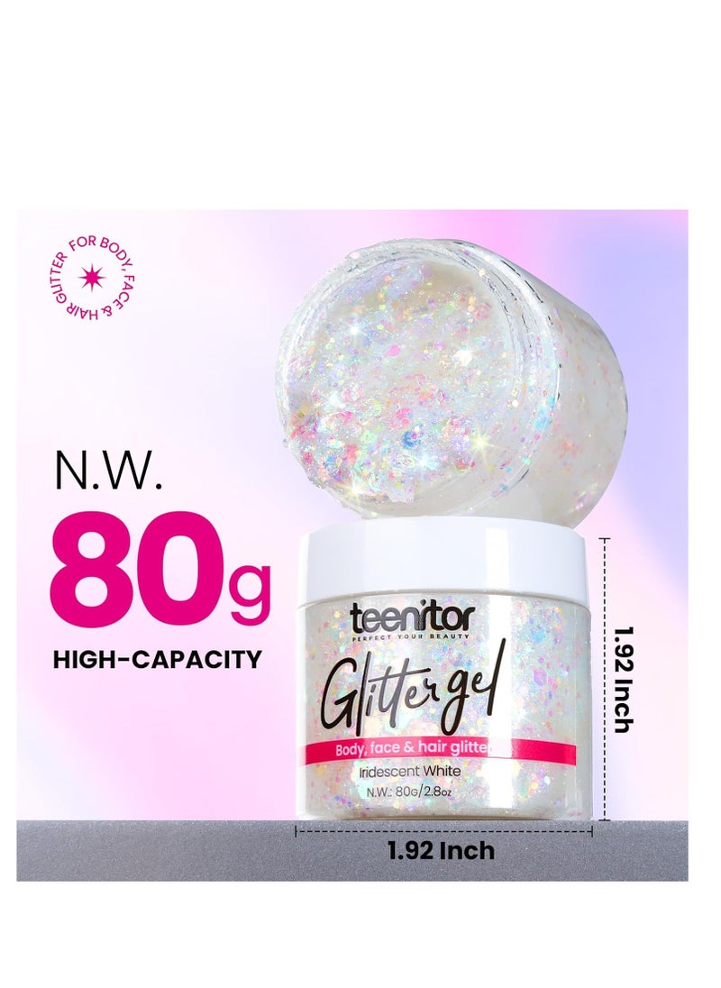 Teenitor Body Glitter, Face Glitter, White Glitter, 80g/2.8oz Face Body Glitter, Hair Glitter Gel, Rave Glitter, Mermaid Makeup Glitters for Kids