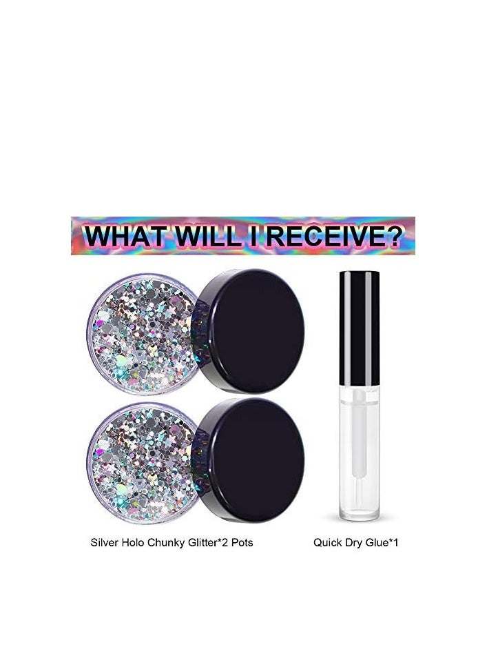 Silver Holographic Chunky Glitter Cosmetic Body Hair Face Eye Nail for Festival Carnival Concert Party Beauty Rave Accessories Different Sizes&Shapes 2 Pots 14g/0.5oz+ Quick Dry Primer Glue Gel