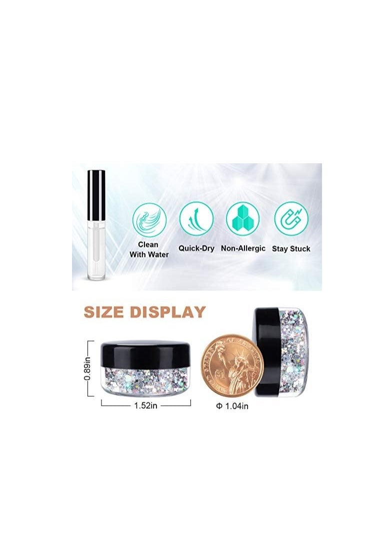 Silver Holographic Chunky Glitter Cosmetic Body Hair Face Eye Nail for Festival Carnival Concert Party Beauty Rave Accessories Different Sizes&Shapes 2 Pots 14g/0.5oz+ Quick Dry Primer Glue Gel