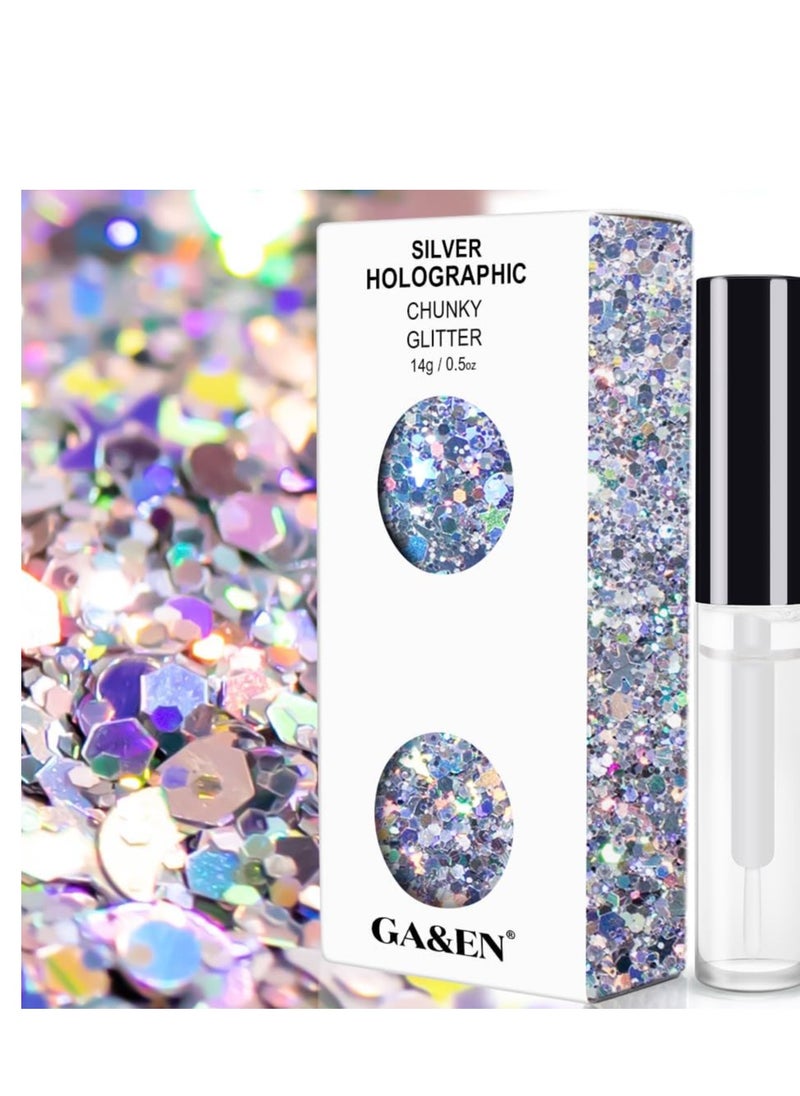 Silver Holographic Chunky Glitter Cosmetic Body Hair Face Eye Nail for Festival Carnival Concert Party Beauty Rave Accessories Different Sizes&Shapes 2 Pots 14g/0.5oz+ Quick Dry Primer Glue Gel