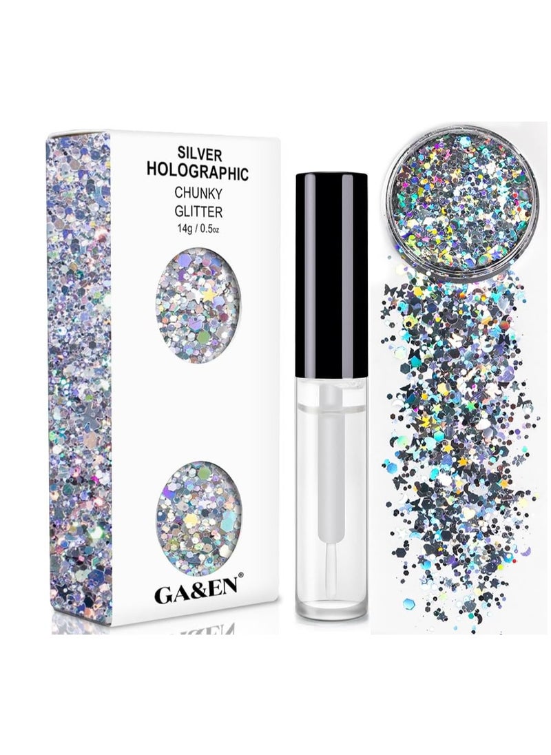 Silver Holographic Chunky Glitter Cosmetic Body Hair Face Eye Nail for Festival Carnival Concert Party Beauty Rave Accessories Different Sizes&Shapes 2 Pots 14g/0.5oz+ Quick Dry Primer Glue Gel